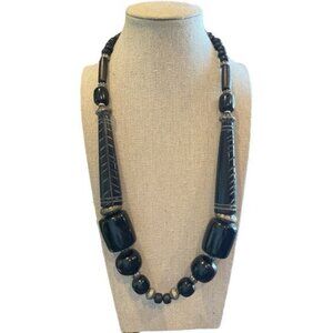 Vintage Black Beaded Necklace With Geometric Design & Lobster Clasp